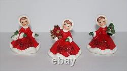 VTG Lefton Christmas Poinsettia Girls Figurines Tree Purse 1950's Japan Set of 3