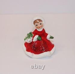 VTG Lefton Christmas Poinsettia Girls Figurines Tree Purse 1950's Japan Set of 3