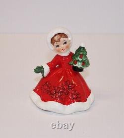 VTG Lefton Christmas Poinsettia Girls Figurines Tree Purse 1950's Japan Set of 3