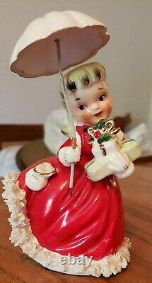 VTG NAPCO Christmas Spaghetti Girl With Parasol and Presents Figurine 1956EUC