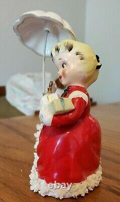 VTG NAPCO Christmas Spaghetti Girl With Parasol and Presents Figurine 1956EUC