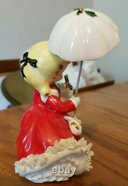 VTG NAPCO Christmas Spaghetti Girl With Parasol and Presents Figurine 1956EUC