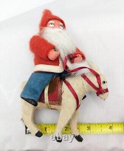 VTG Paper Mache Santa Claus Riding Donkey Felt Fur Old Christmas Ornament Figure