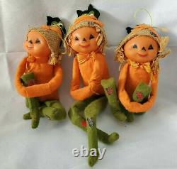 VTG & RARE! 3 PUMPKIN HEAD/SCARECROWithPIXIE, FELT/CELLULOID KNEE HUGGER FIGURES