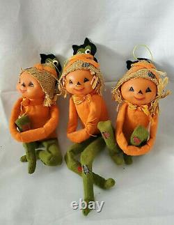 VTG & RARE! 3 PUMPKIN HEAD/SCARECROWithPIXIE, FELT/CELLULOID KNEE HUGGER FIGURES