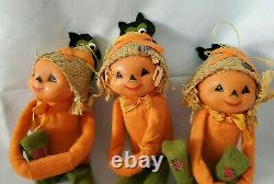 VTG & RARE! 3 PUMPKIN HEAD/SCARECROWithPIXIE, FELT/CELLULOID KNEE HUGGER FIGURES