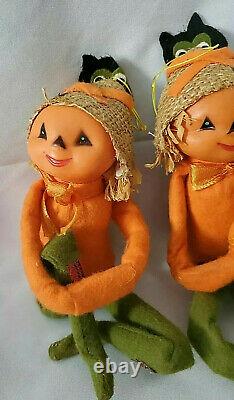 VTG & RARE! 3 PUMPKIN HEAD/SCARECROWithPIXIE, FELT/CELLULOID KNEE HUGGER FIGURES