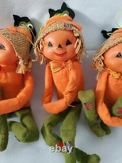 VTG & RARE! 3 PUMPKIN HEAD/SCARECROWithPIXIE, FELT/CELLULOID KNEE HUGGER FIGURES