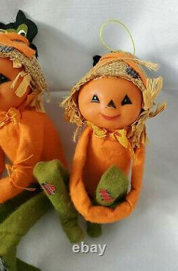 VTG & RARE! 3 PUMPKIN HEAD/SCARECROWithPIXIE, FELT/CELLULOID KNEE HUGGER FIGURES