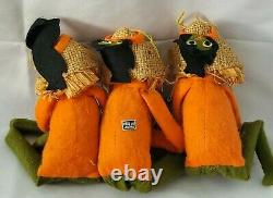 VTG & RARE! 3 PUMPKIN HEAD/SCARECROWithPIXIE, FELT/CELLULOID KNEE HUGGER FIGURES