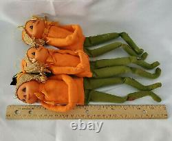 VTG & RARE! 3 PUMPKIN HEAD/SCARECROWithPIXIE, FELT/CELLULOID KNEE HUGGER FIGURES