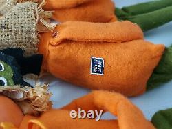 VTG & RARE! 3 PUMPKIN HEAD/SCARECROWithPIXIE, FELT/CELLULOID KNEE HUGGER FIGURES