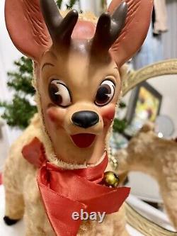 VTG ROKO Rubber Face Rudolph The Reindeer Original Bow & Bells 1950's