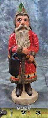 VTG VAILLANCOURT FOLK ART FATHER CHRISTMAS WithRED COAT & SOLDIER IN POCKET