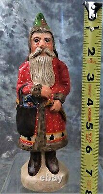 VTG VAILLANCOURT FOLK ART FATHER CHRISTMAS WithRED COAT & SOLDIER IN POCKET