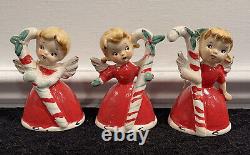 VTG Wales Japan Ceramic Christmas Candy Cane Angels with Bell & Holly 3 Figure Set