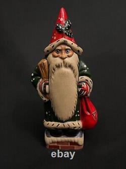 Vaillancourt Father Christmas Folk Art Santa #543 Green Coat on Chimney