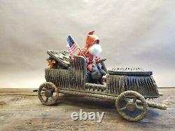 Vintage 1920's Santa with Flag in Wicker Car with Toys in Trunk 18