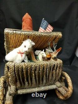 Vintage 1920's Santa with Flag in Wicker Car with Toys in Trunk 18