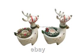 Vintage 1960 Lego Pair of Christmas Reindeer Ceramic Candle Holders Japan