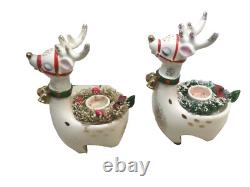 Vintage 1960 Lego Pair of Christmas Reindeer Ceramic Candle Holders Japan