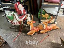 Vintage 1970 Empire Santa Sleigh 2 Reindeer Blow Mold Plastic Lighted Christmas