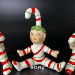 Vintage (3) 1950's Lefton Christmas Candy Cane Kid Pixie Elf Ceramic Figurine