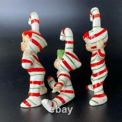 Vintage (3) 1950's Lefton Christmas Candy Cane Kid Pixie Elf Ceramic Figurine