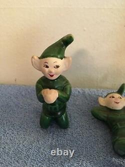 Vintage 3 Ceramic Christmas Elves Green Pixies Two Hang On A Glass Rare Read