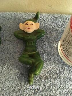 Vintage 3 Ceramic Christmas Elves Green Pixies Two Hang On A Glass Rare Read