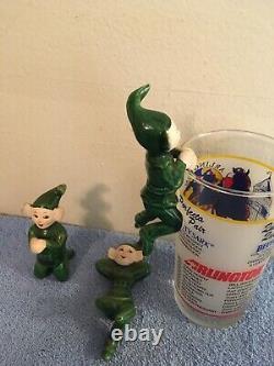 Vintage 3 Ceramic Christmas Elves Green Pixies Two Hang On A Glass Rare Read