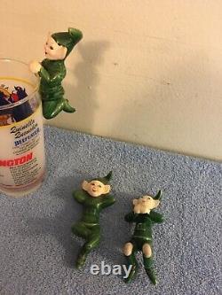 Vintage 3 Ceramic Christmas Elves Green Pixies Two Hang On A Glass Rare Read