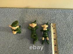 Vintage 3 Ceramic Christmas Elves Green Pixies Two Hang On A Glass Rare Read