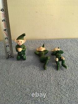 Vintage 3 Ceramic Christmas Elves Green Pixies Two Hang On A Glass Rare Read