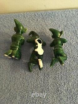 Vintage 3 Ceramic Christmas Elves Green Pixies Two Hang On A Glass Rare Read