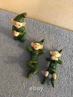 Vintage 3 Ceramic Christmas Elves Green Pixies Two Hang On A Glass Rare Read