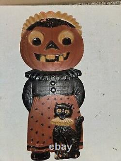 Vintage 30s/40s German Halloween Embossed Diecut 16 Pumpkin Head Woman Lady, Cat