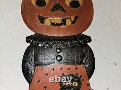 Vintage 30s/40s German Halloween Embossed Diecut 16 Pumpkin Head Woman Lady, Cat