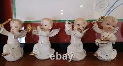 Vintage 4 Porcelain Angels With Instruments Japan Christmas