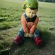 Vintage Antique Hand Carved Wood Lawn Decoration Elf Or Gnome. Green Hat