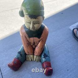 Vintage Antique Hand Carved Wood Lawn Decoration Elf or Gnome. Green Hat