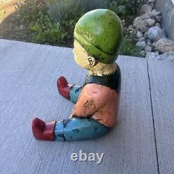 Vintage Antique Hand Carved Wood Lawn Decoration Elf or Gnome. Green Hat