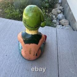 Vintage Antique Hand Carved Wood Lawn Decoration Elf or Gnome. Green Hat