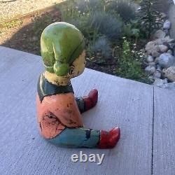 Vintage Antique Hand Carved Wood Lawn Decoration Elf or Gnome. Green Hat