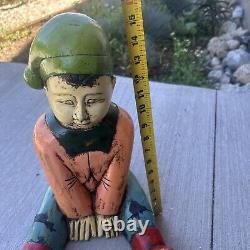 Vintage Antique Hand Carved Wood Lawn Decoration Elf or Gnome. Green Hat