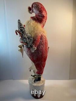 Vintage Bethany Lowe Merry Christmas Santa Claus With Tree on Pedestal 24 Tall