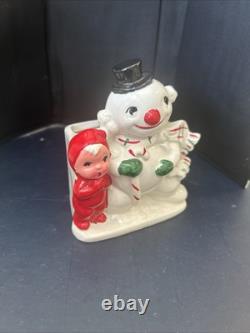 Vintage Boy And Snowman candycane holder By SSCO Japan 1950s