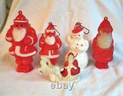 Vintage Celluloid Santa Snowman Ornament Candy Container Rattle Lot Of 4