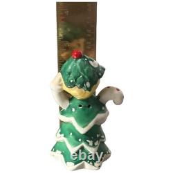 Vintage Christmas Bell Tree Girl Fairy Candy Cane Holder Green Porcelain 3