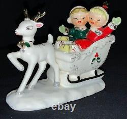 Vintage! Christmas Ceramic Figurine Girls In Sleigh Pulled By Deer